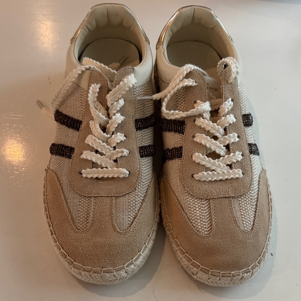 Steve Madden Beige and Brown Chrochet and Beaded Sneakers
